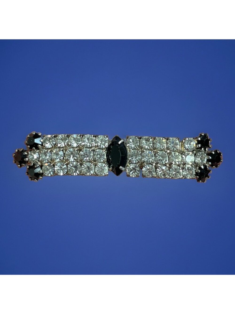Vintage Black Clear Rhinestone Silver-Tone Bar Pin Brooch